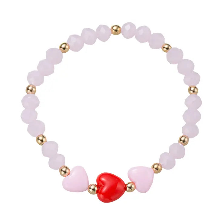 Light Pink, Red Faceted Beaded Stretch Bracelet W/ Red & Pink Hearts
