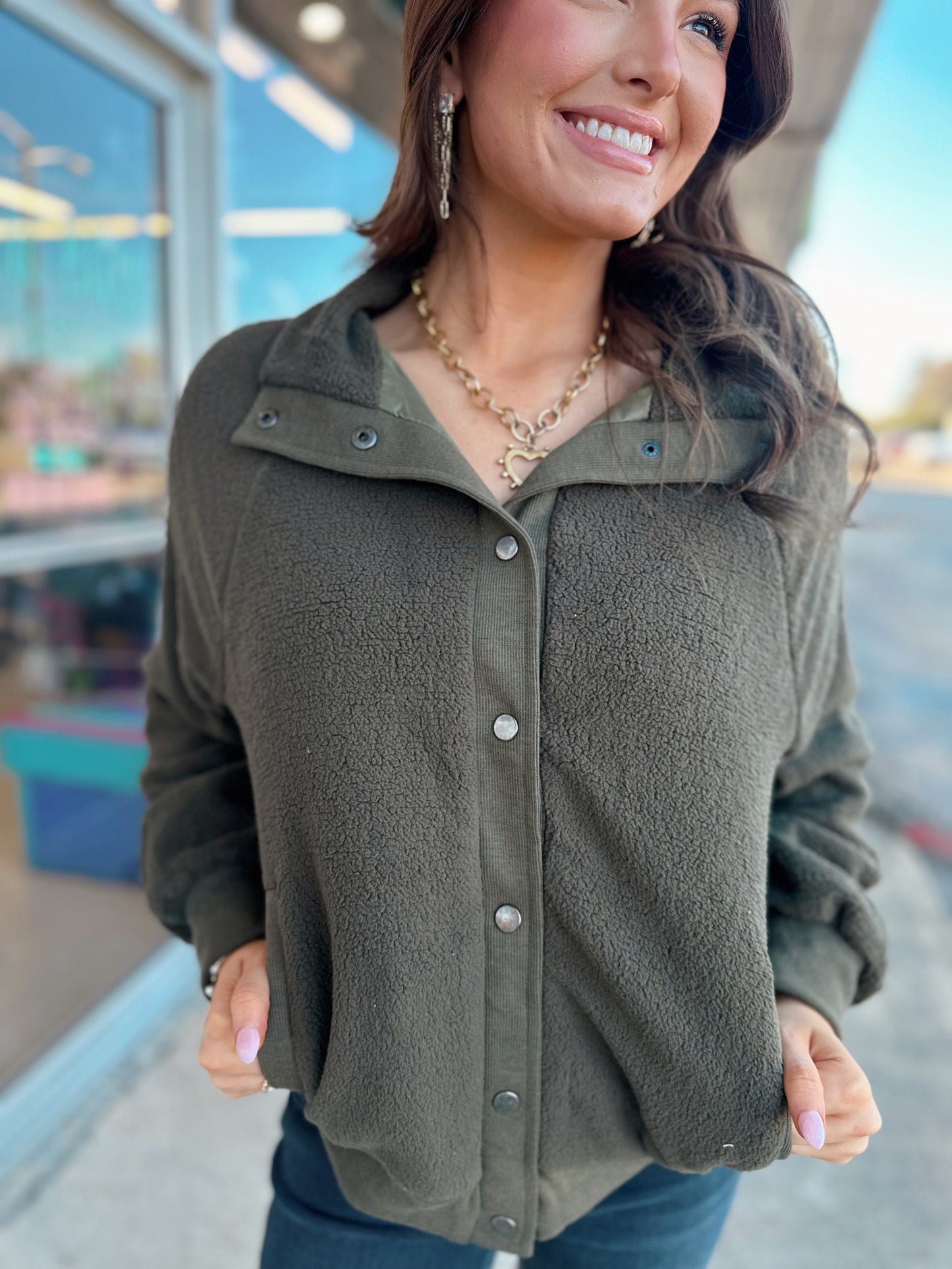 Olive Sherpa Button Up Jacket