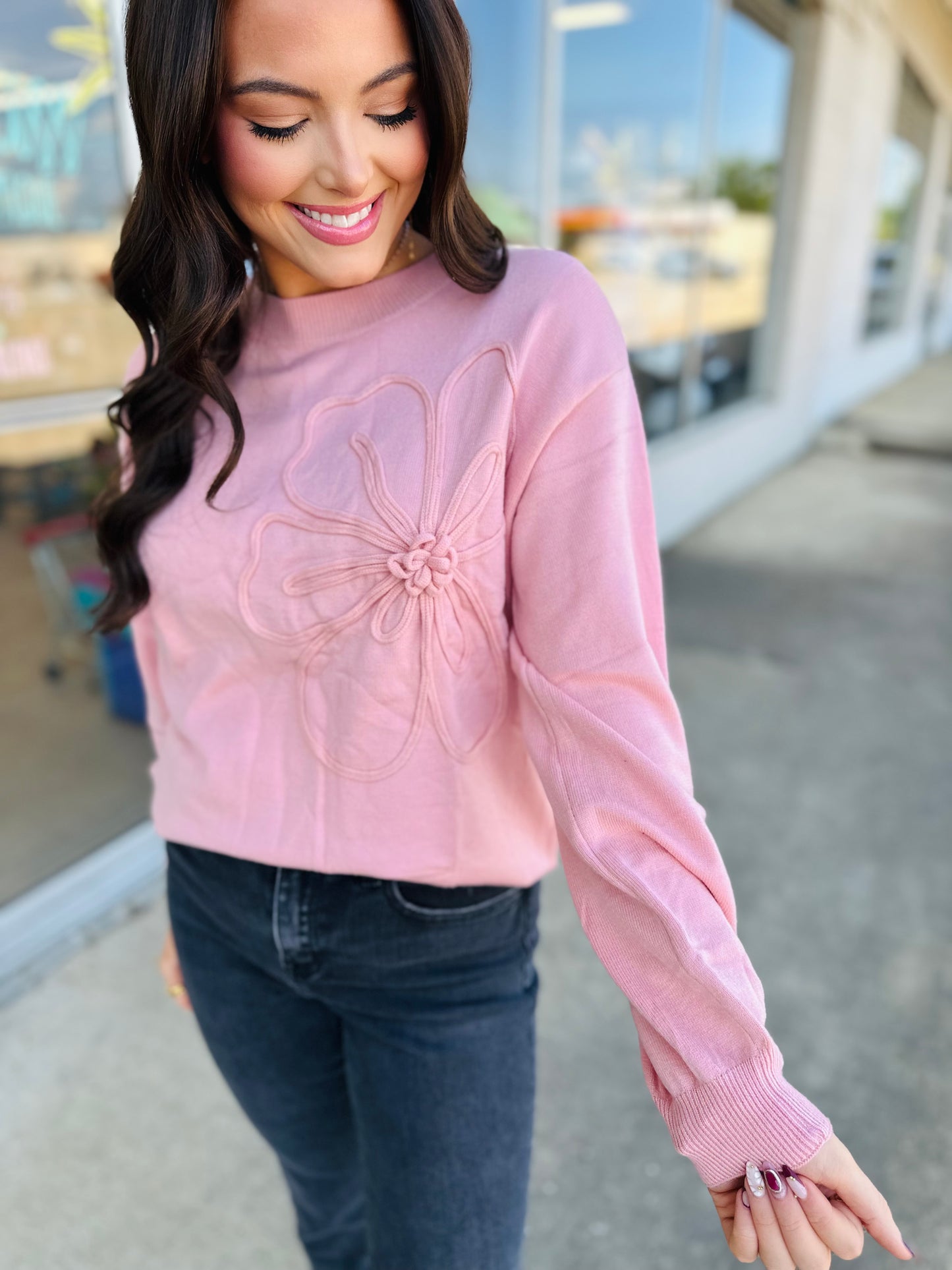 Solid Color Big Flower Accent Drop Shoulder Sweater