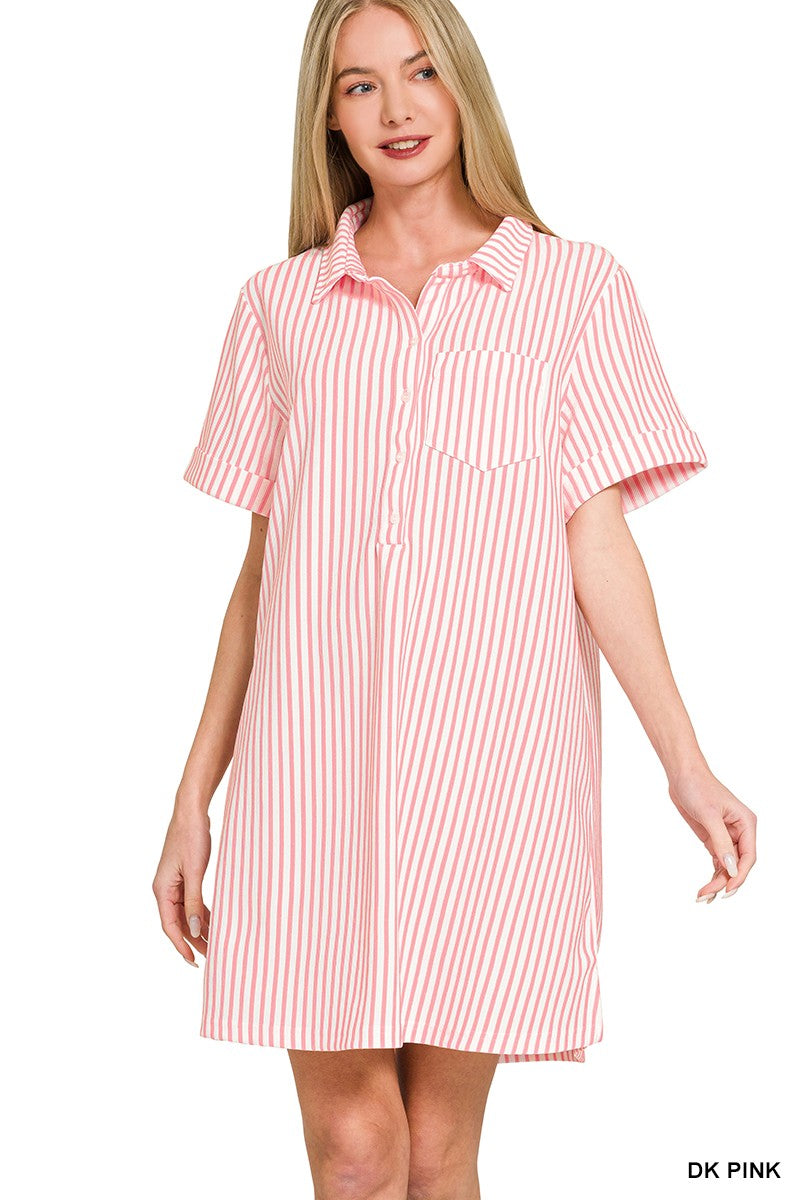 Collard Button Up Dress - Dark Pink