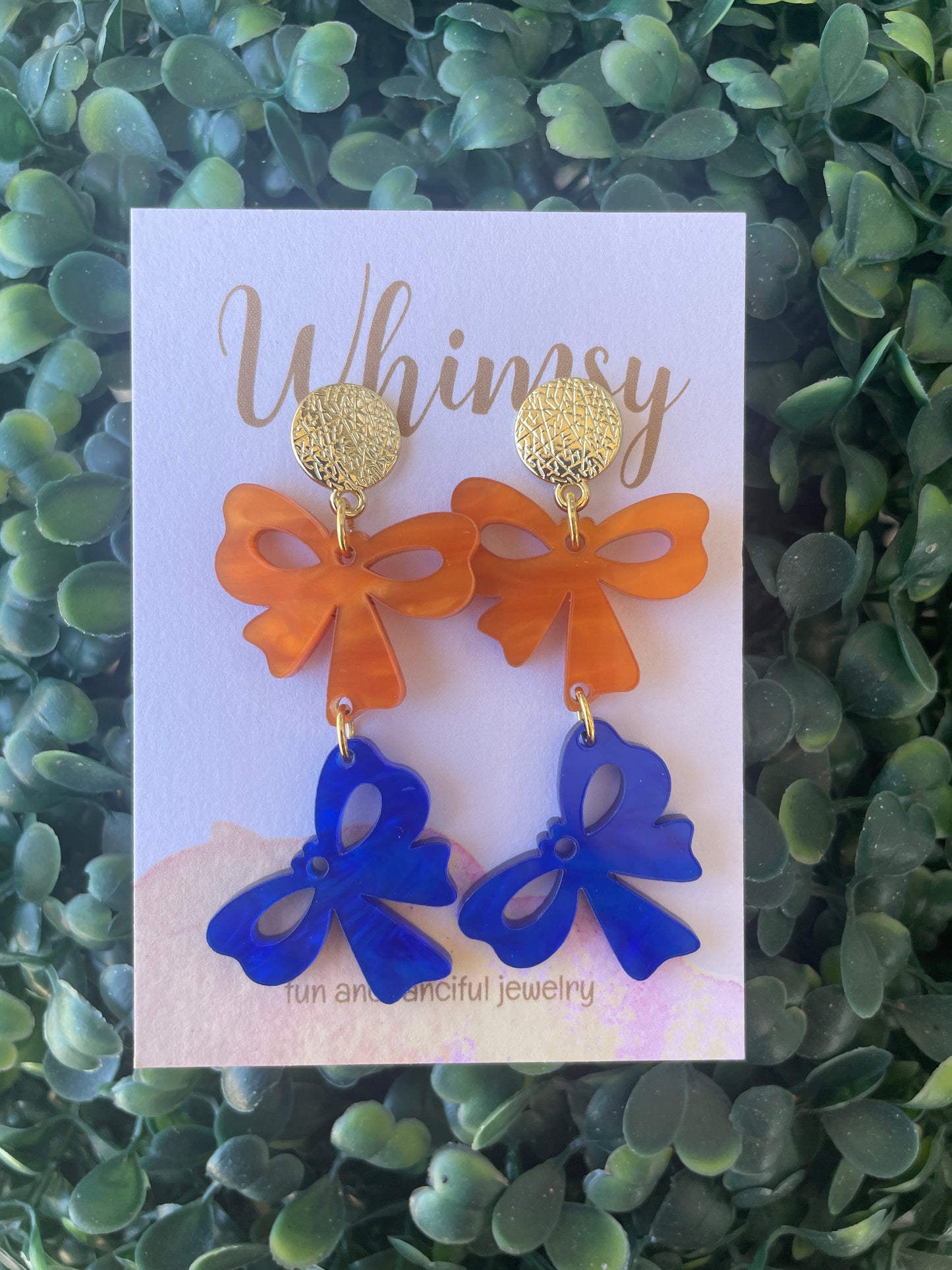 Orange & Blue Teared Bow Earrings w/ Gold Post