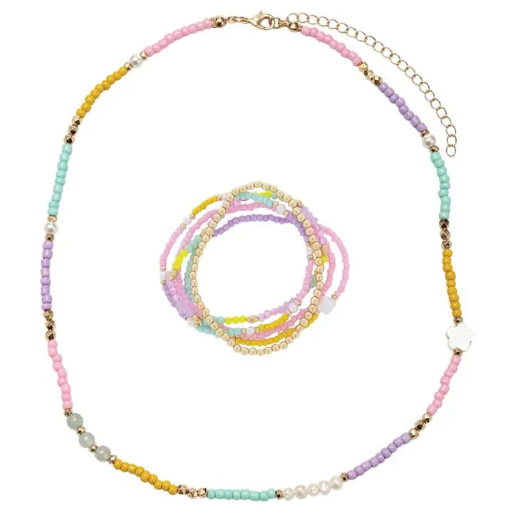 Beaded Necklace & Bracelet W/ Pearl Star