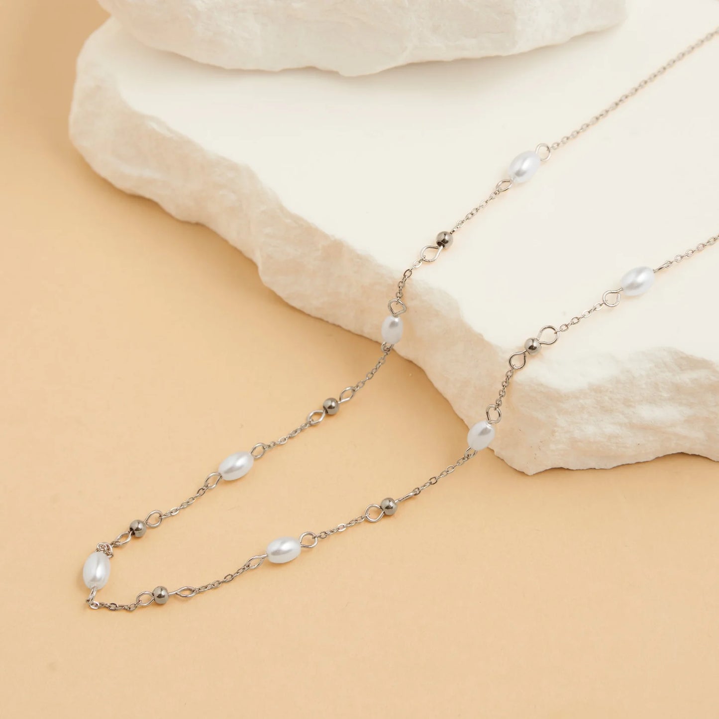 Silver Pearl Bead Station Necklace