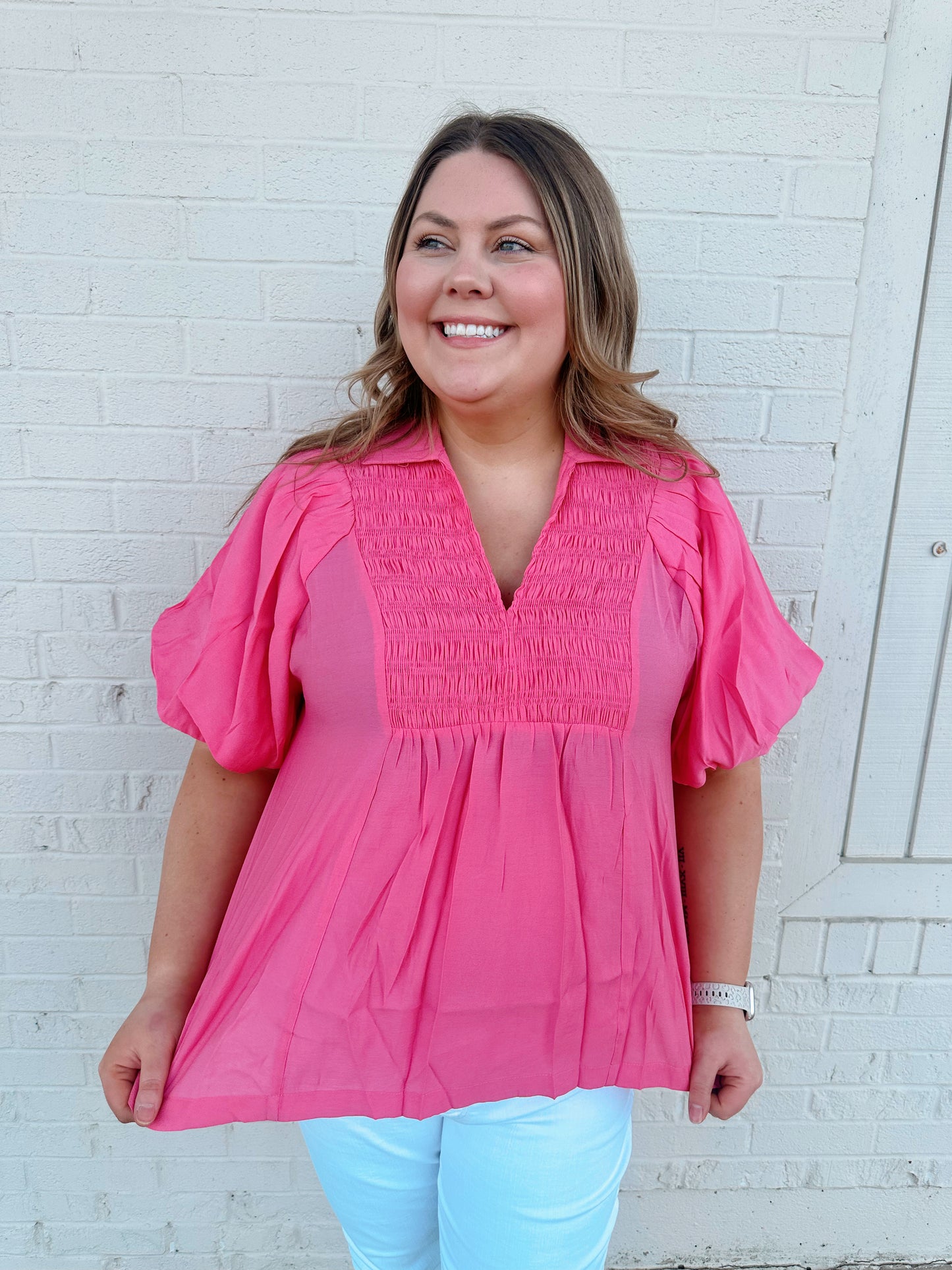 Coral Pink Bubble Sleeve Top