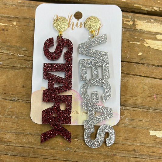 Silver & Maroon Sparkly Stark Vegas Earrings