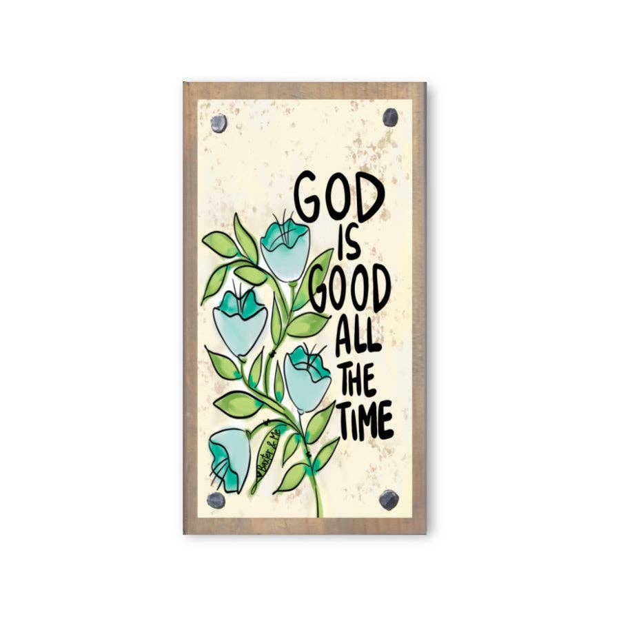 Blue Floral God is Good Driftwood Happy Block