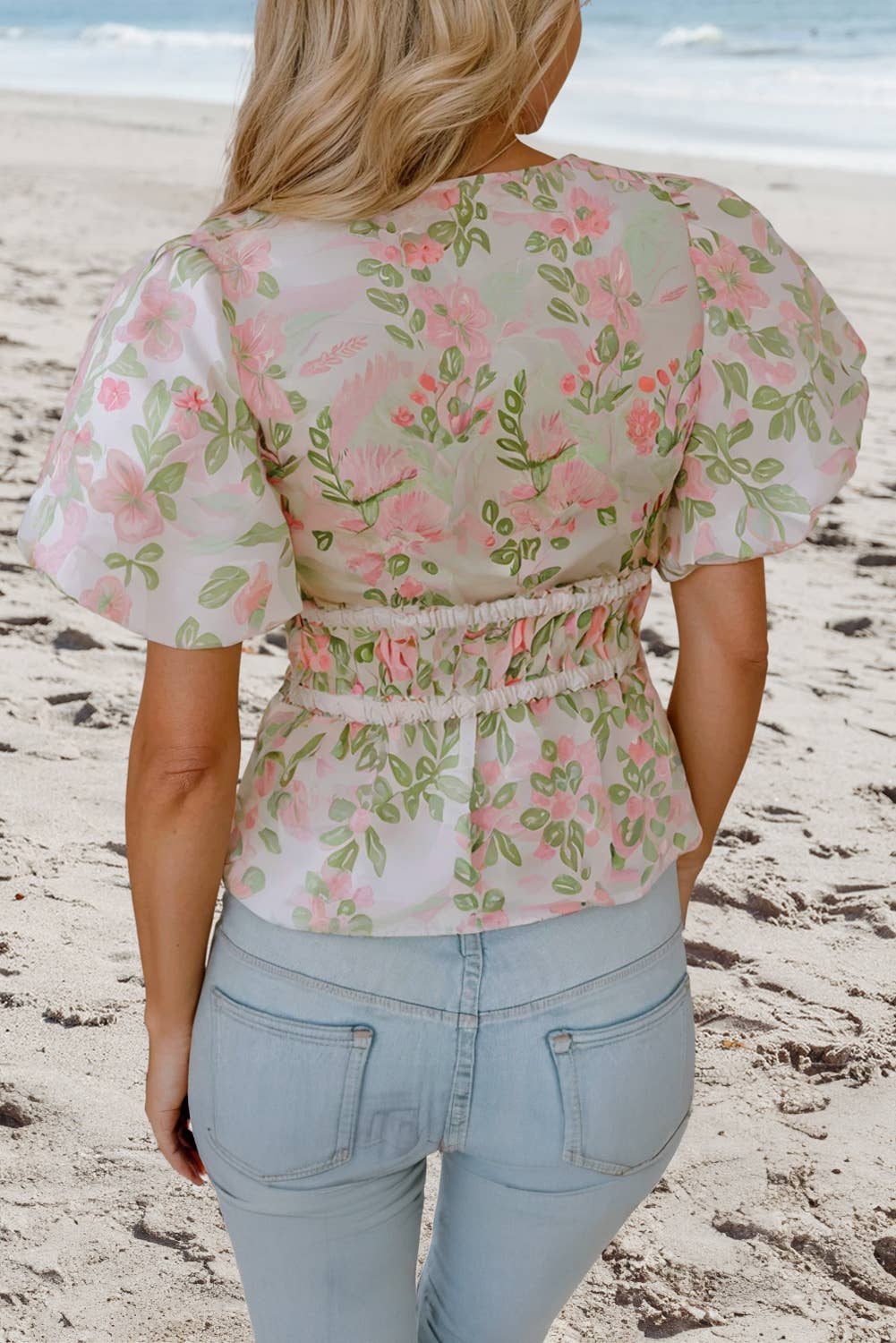 Floral Puff Sleeve Tied Front Peplum Top
