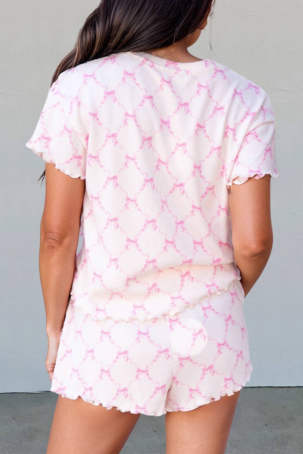 Bow Knot Lettuce Trim Two Piece Lounge Shorts Set