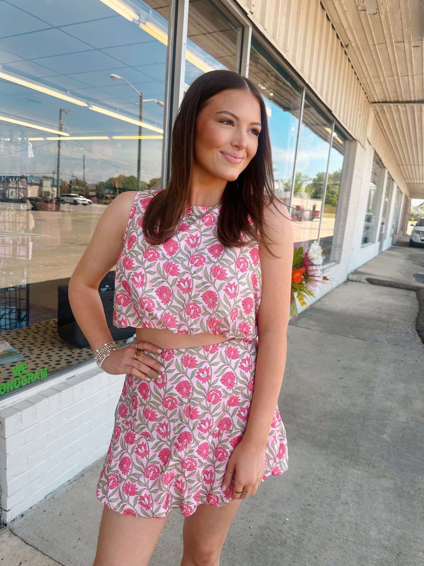 Floral Print Puffy Cropped Top and Mini Skirt Set