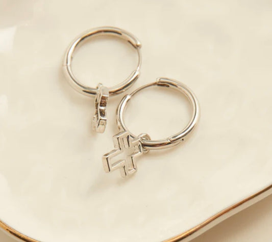 Cera Silver Frame Cross Earrings
