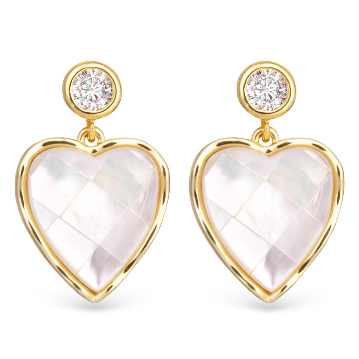 CZ Mother of Pearl Mosaic Heart Earrings - Gold