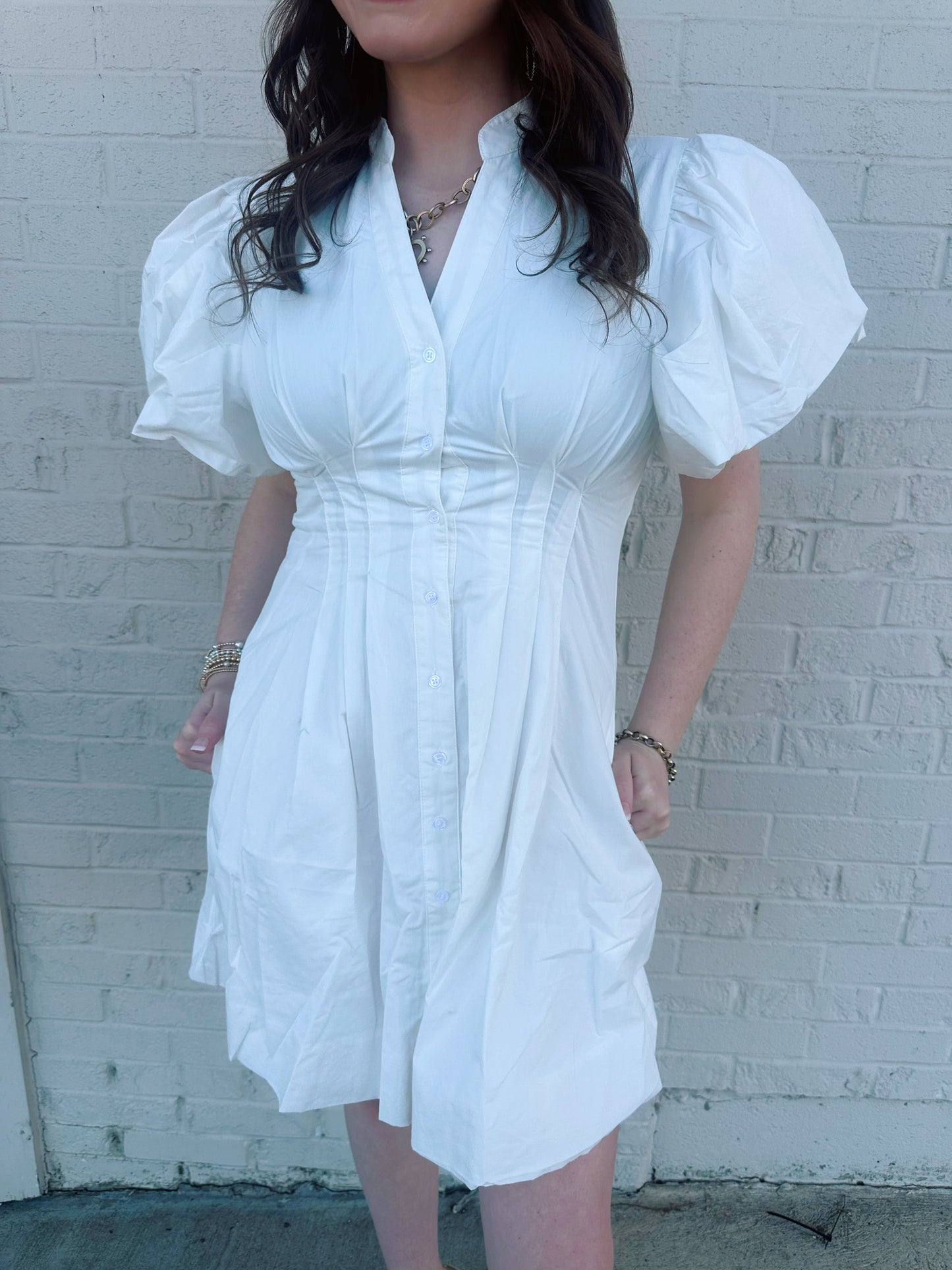 Off White Pleated Short Sleeve Dress