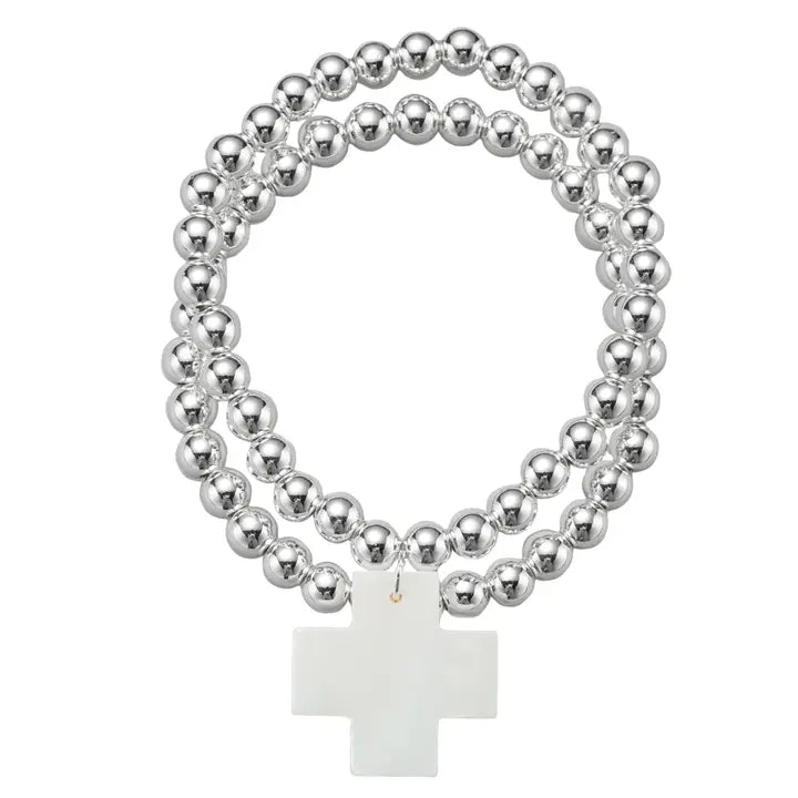 Gold Plated Silver Set Of 2 Beaded Stretch Bracelet - Shell Cross