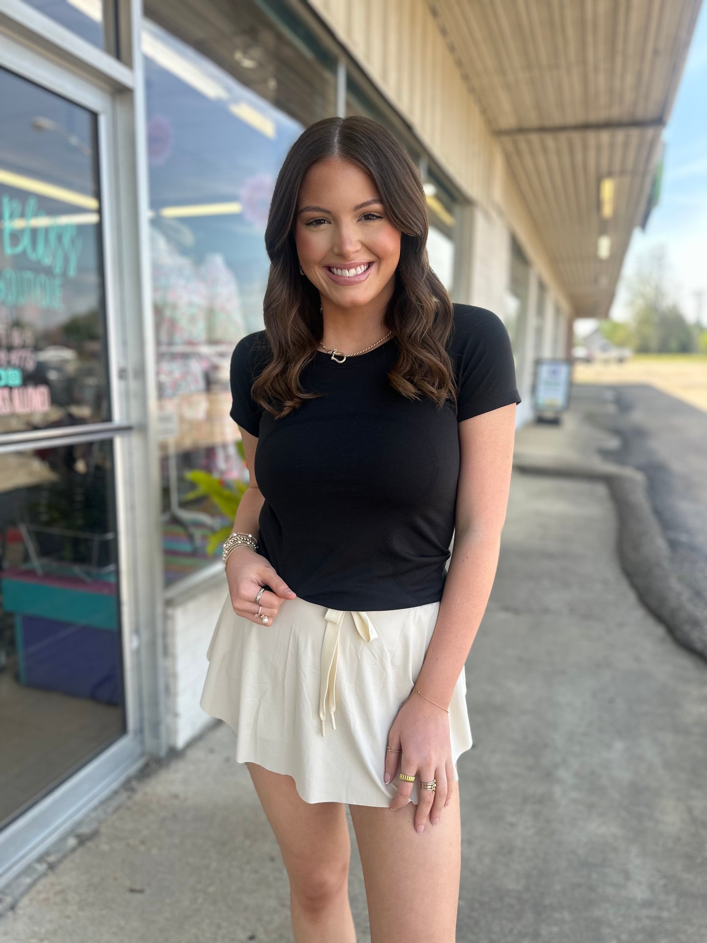 Cream Drawstring High Waist Lined Tennis Skorts
