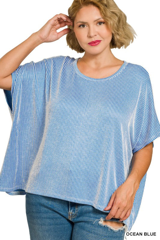 Ribbed Stripe Short Sleeve Top - Ocean Blue +