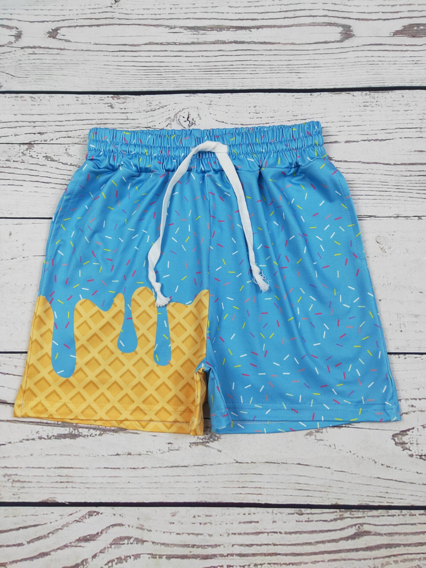 Boys Blue Ice Cream Drip Printed Shorts With Pockets