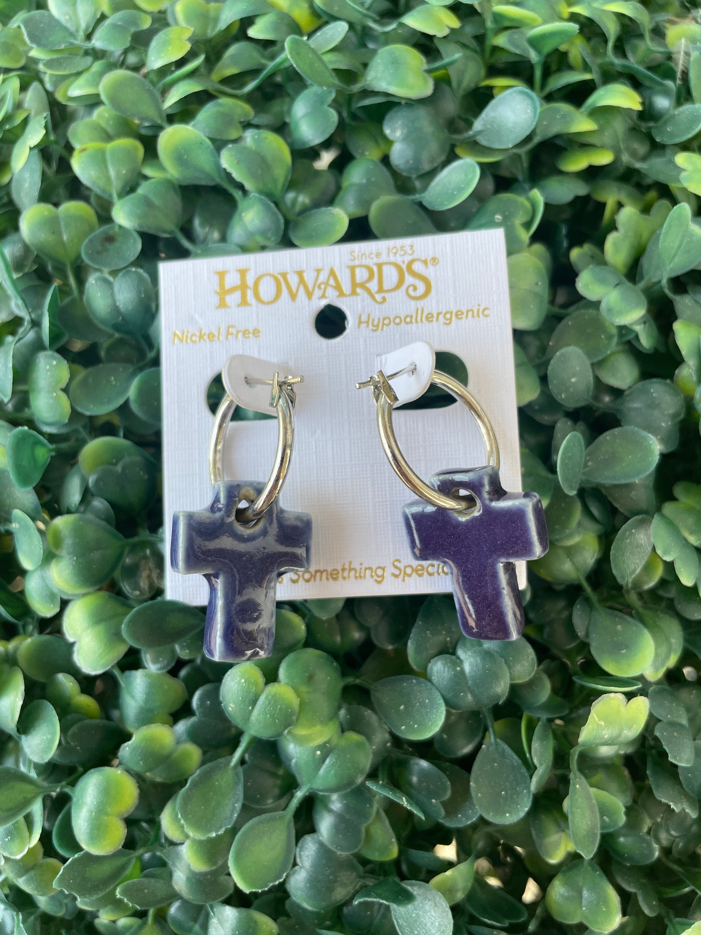 Lavender Cross Shape Ceramic Charm Hoop Earring