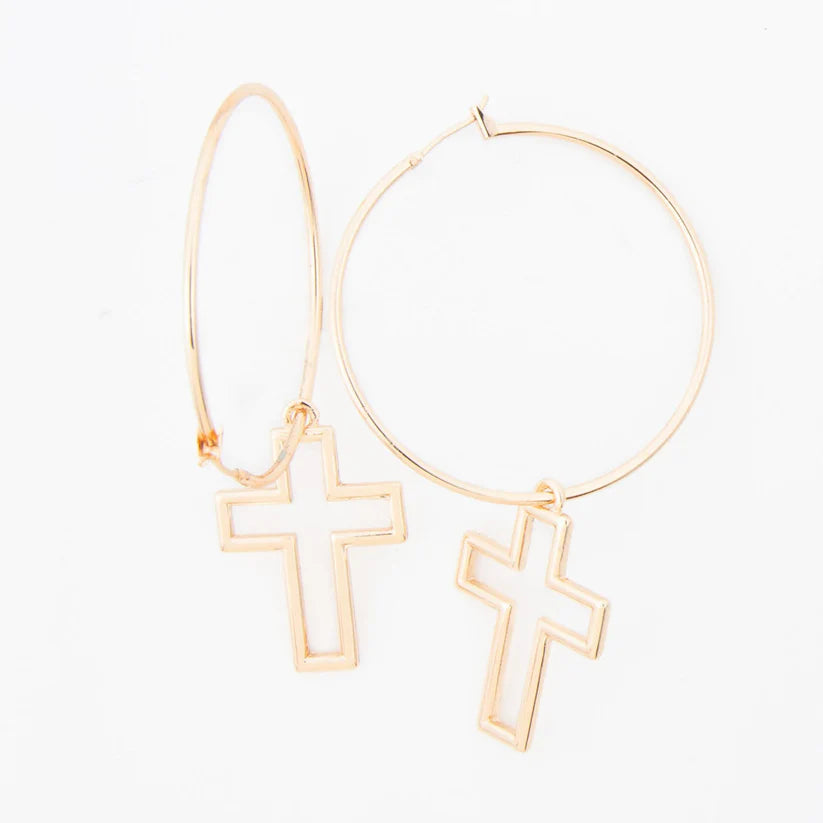 Gold Celesta Cross Charm Frame Hoop Earrings
