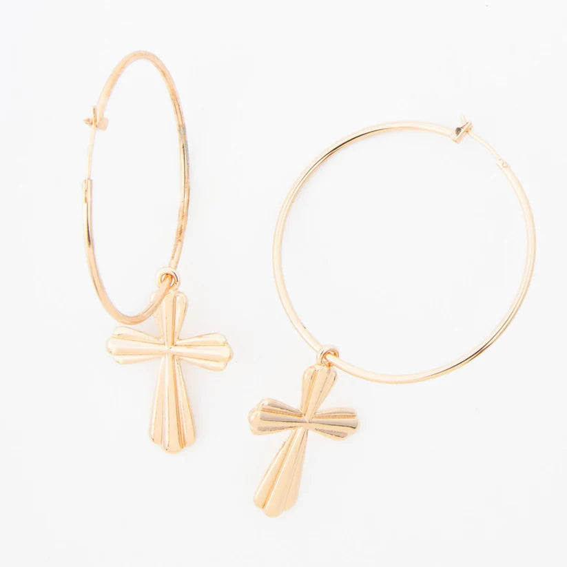 Gold Celesta Cross Charm Curved Hoop Earrings