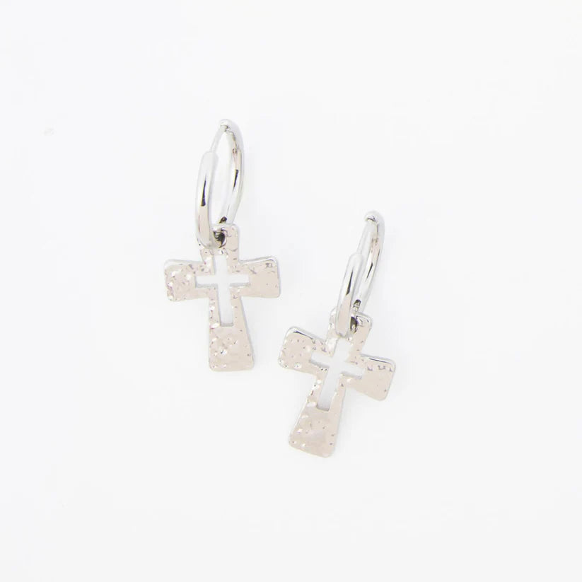 Silver Celesta Cross Charm Hammered Hoop Earrings