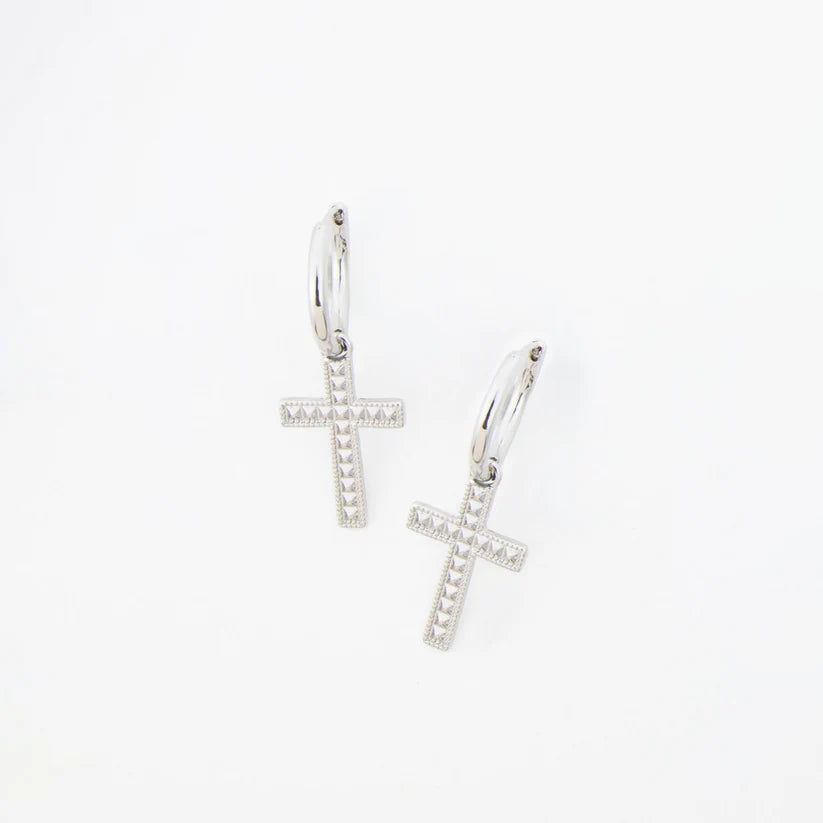 Silver Celesta Cross Charm Textured Hoop Earrings