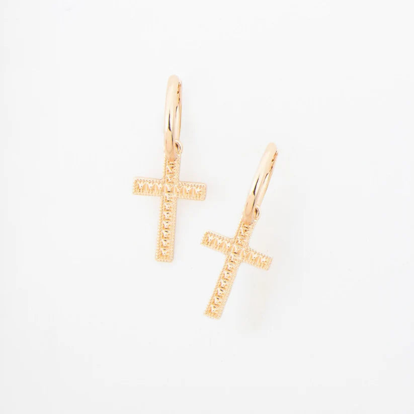Gold Celesta Cross Charm Textured Hoop Earrings