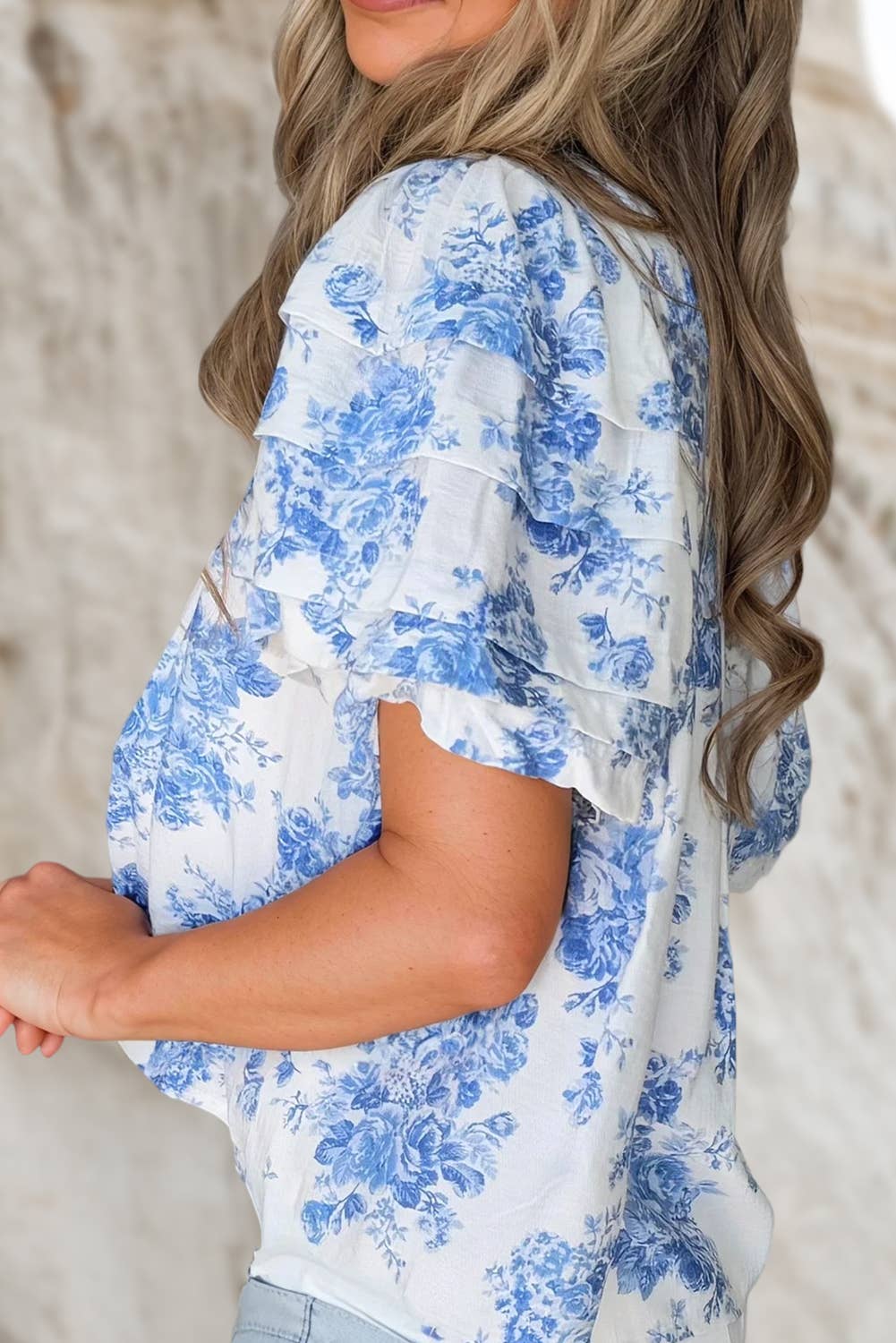 Floral Pleated Puff Sleeve Button Up Casual Shirt