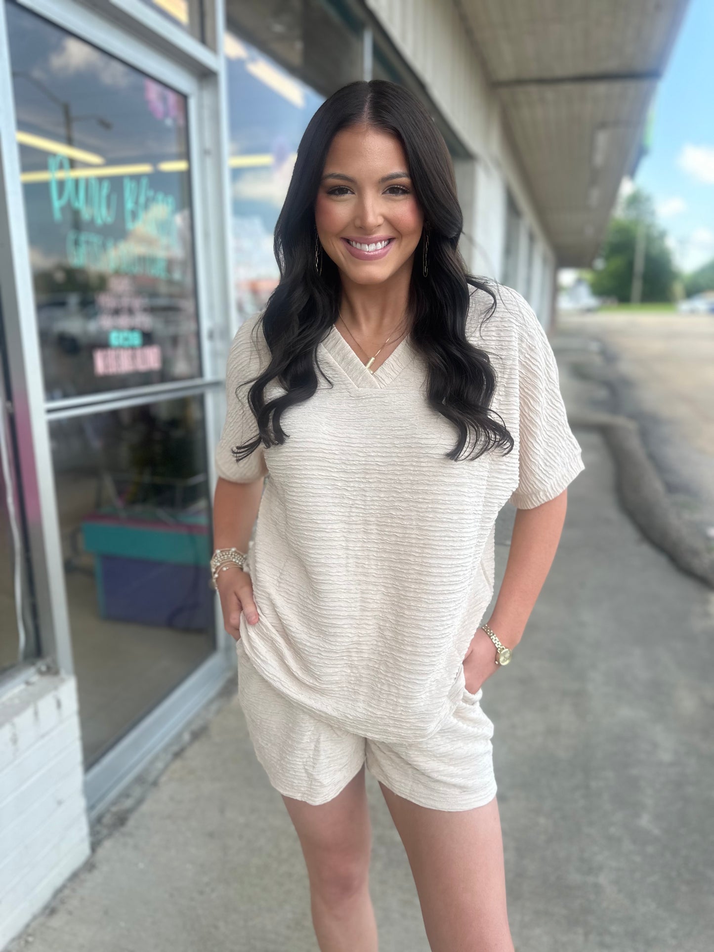 Textured V Neck T Shirt and Shorts Set