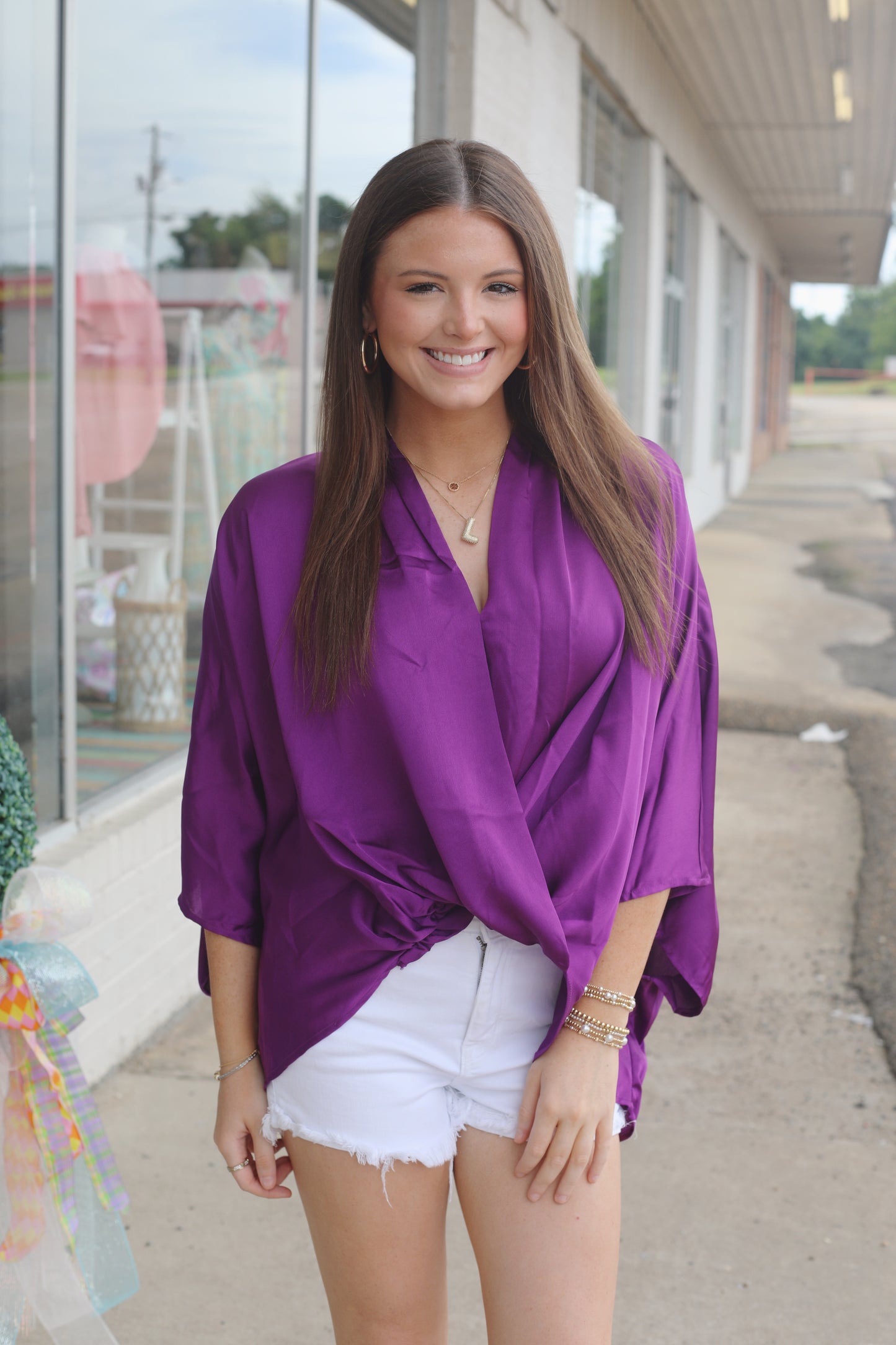 Violet Concourse Kimono Sleeve Satin Top
