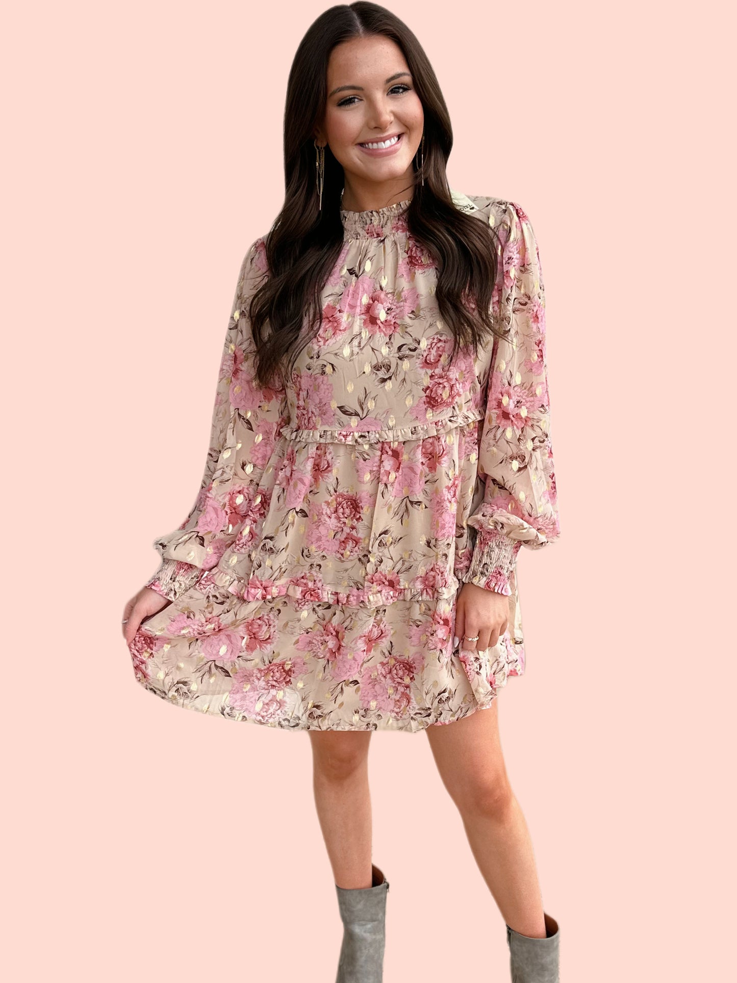 Beige & Gold Floral Dress