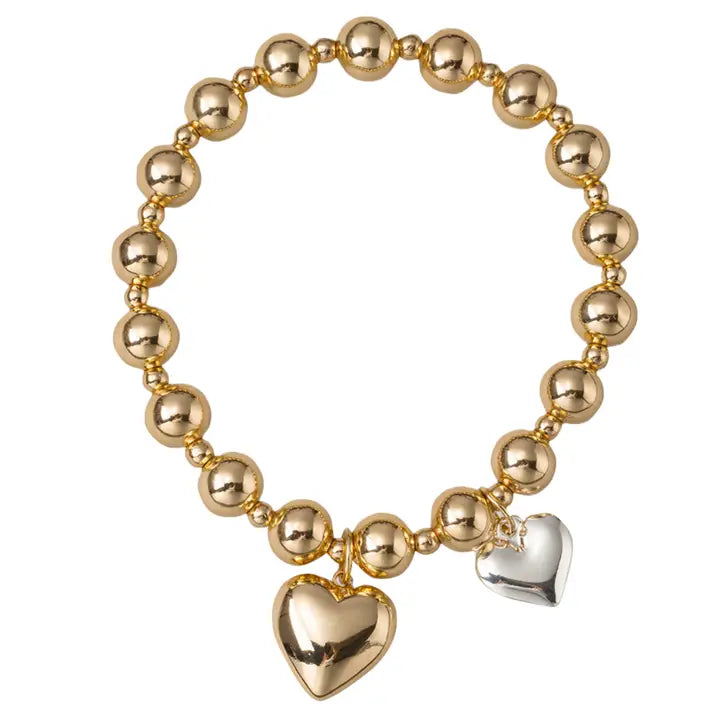 Gold Plated Beaded Stretch Bracelet - Two Tone Hearts