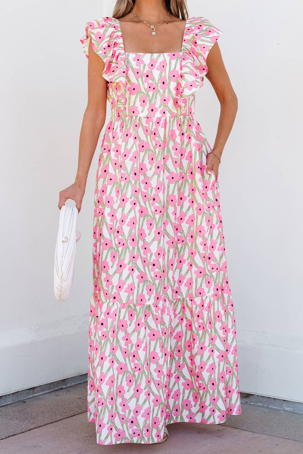 Sassy Floral Ruffled Strap Summer Maxi Dress