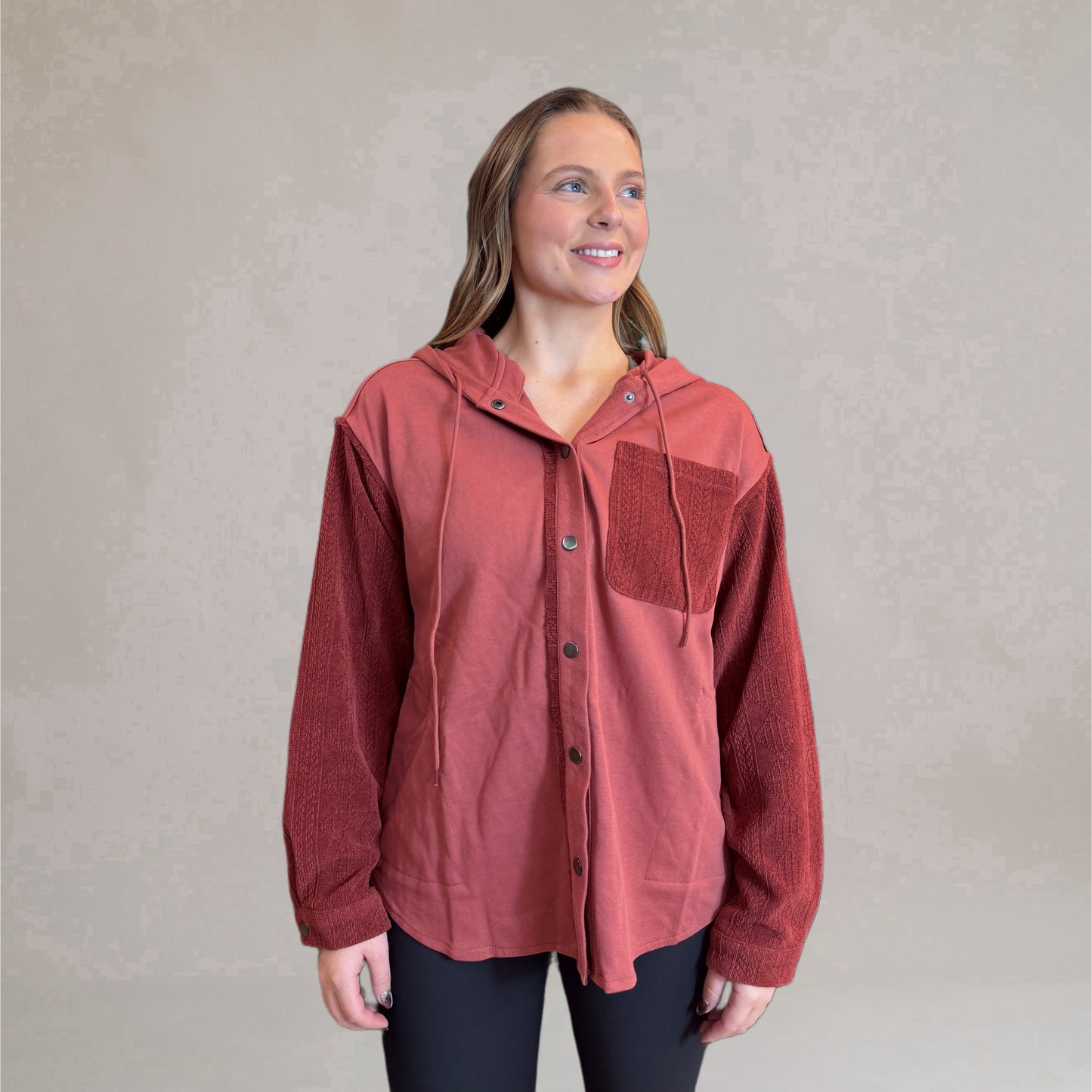 Red Clay Button Down Hooded Blouse