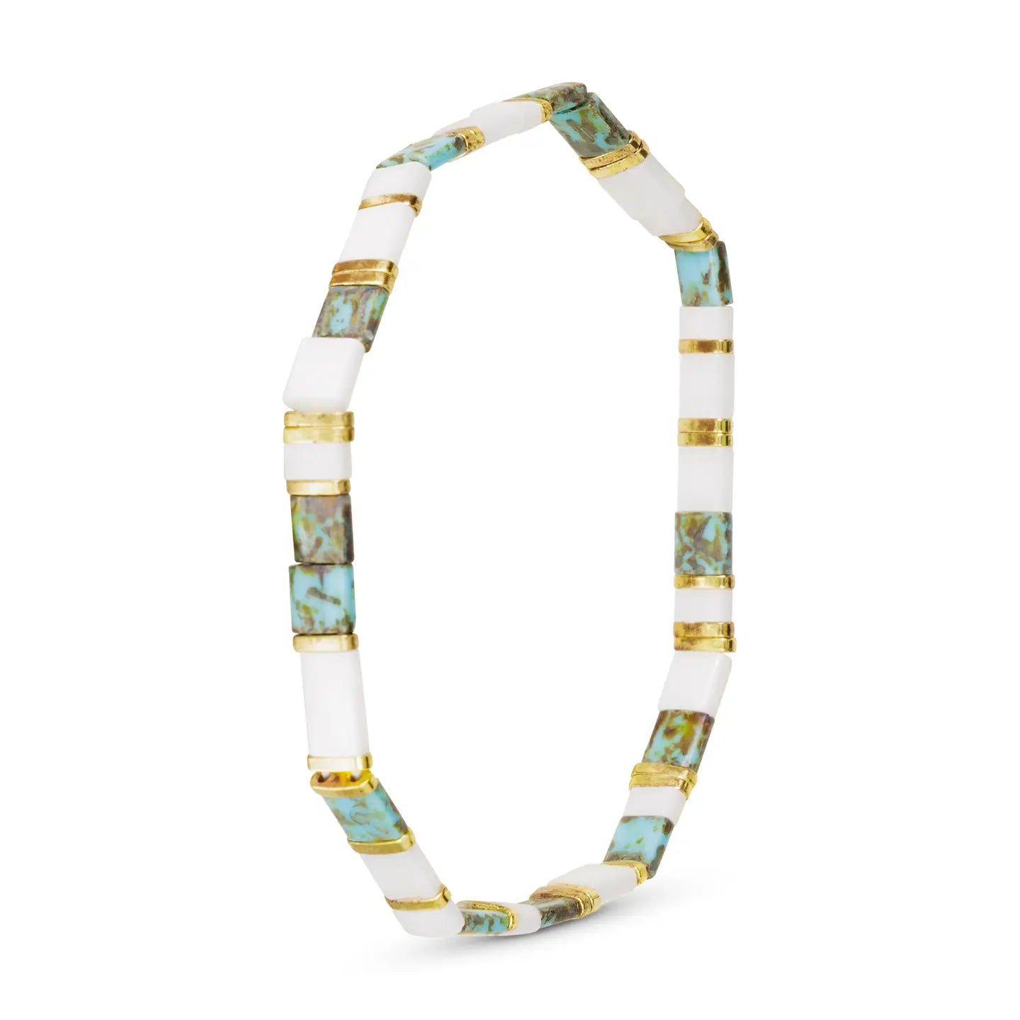 Gold White & Green Turquoise Flat Bead Stretch Bracelet
