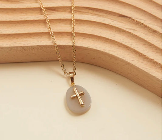 Genuine Stone Pendent W/ Cross Charm Necklace - Iron Gate