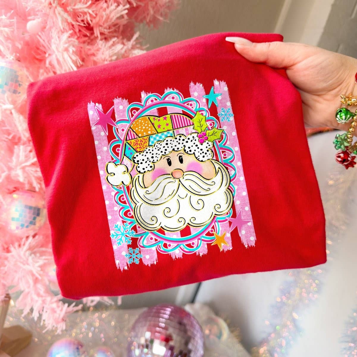 YOUTH - Patchwork Santa Bright Whimsical Christmas Sweatshirt