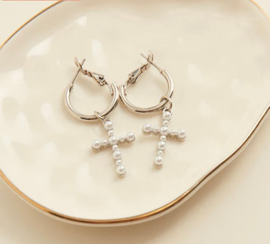 Cera Silver Pearl Cross Earrings