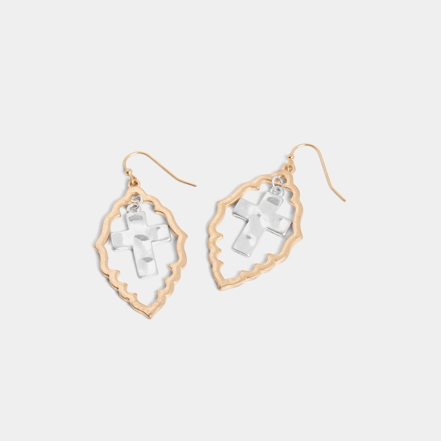 Mixed Metal Framed Cross Dangle Earring: Mixed Metal