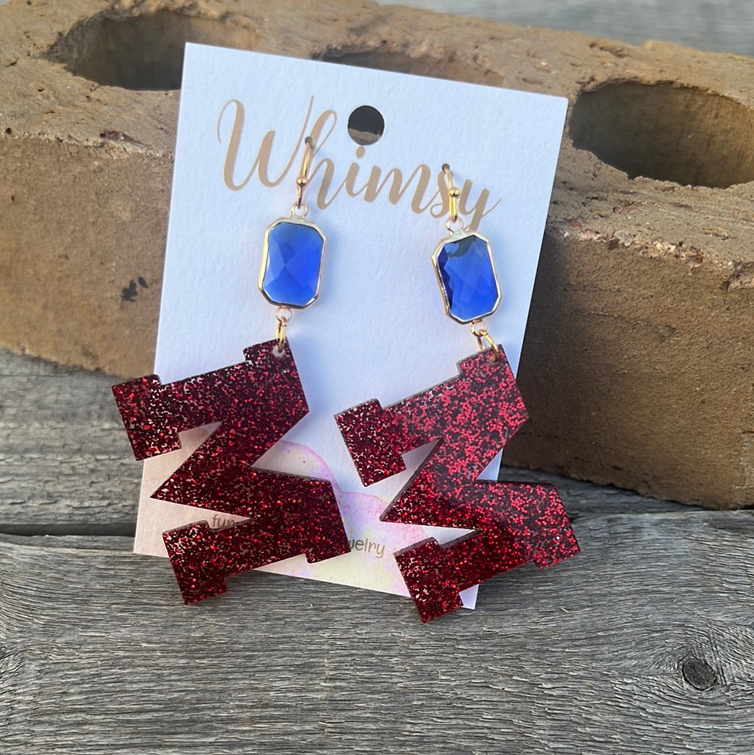 University M Earrings - Red with Blue Drop Earrings