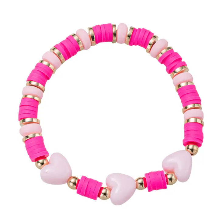 Hot Pink, Light Pink Rubber Disk Beaded Stretch Bracelet W/ Pink Hearts