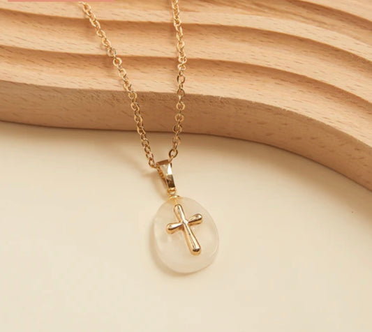 Genuine Stone Pendent W/ Cross Charm Necklace - Snow White