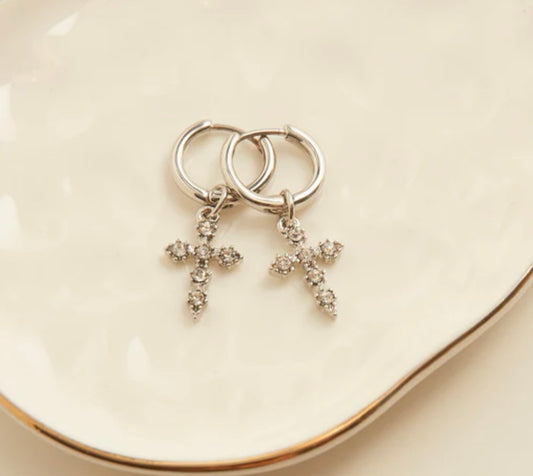 Cera Silver Pave Cross Earrings