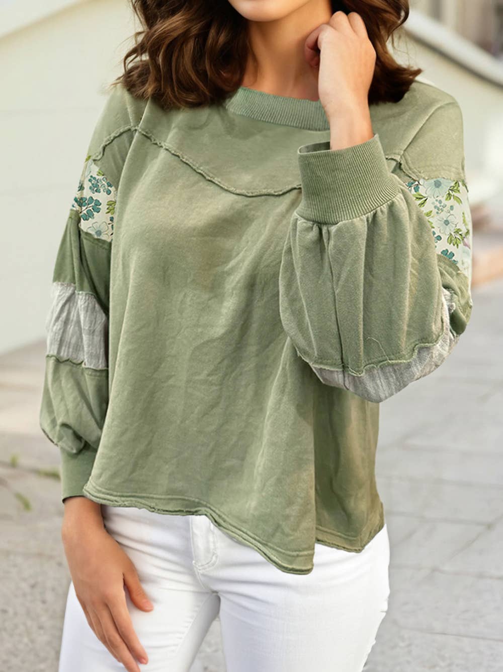 Floral Plaid Mixed Sleeve Top