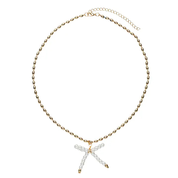 Gold Beaded Necklace W/ Pearl Beaded Bow