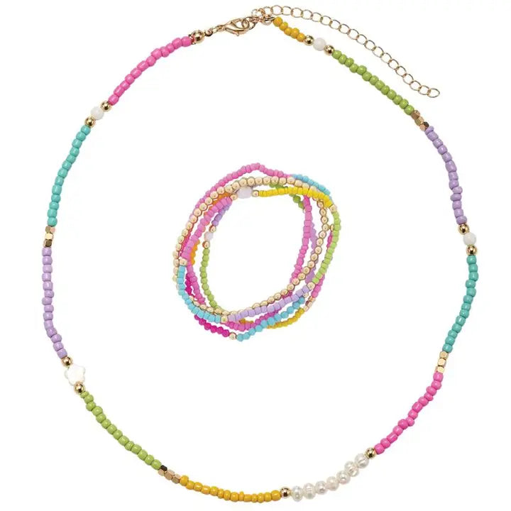 Beaded Necklace & Bracelet W/ Pearl Flower