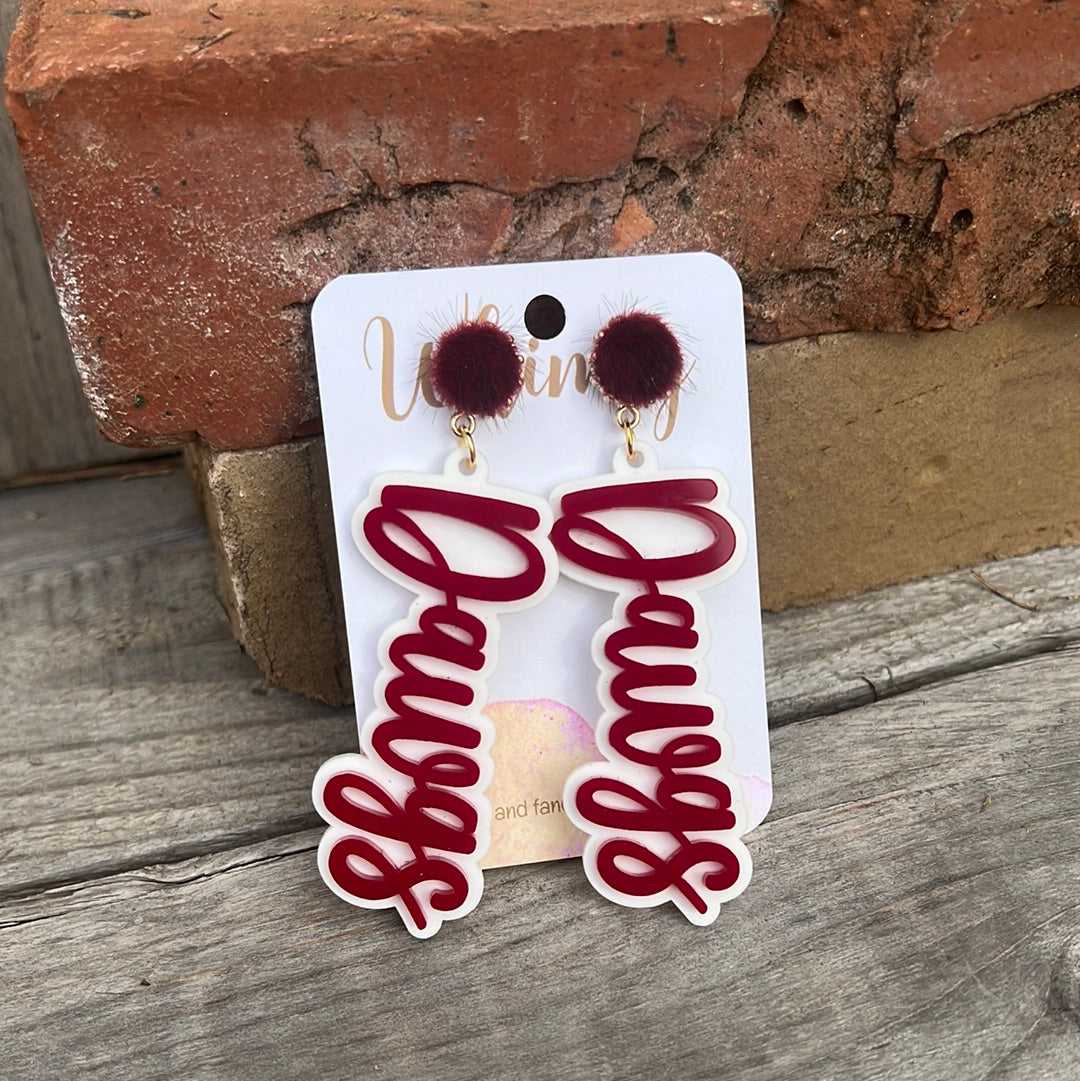Maroon & White Dawgs w PomPom Stud
