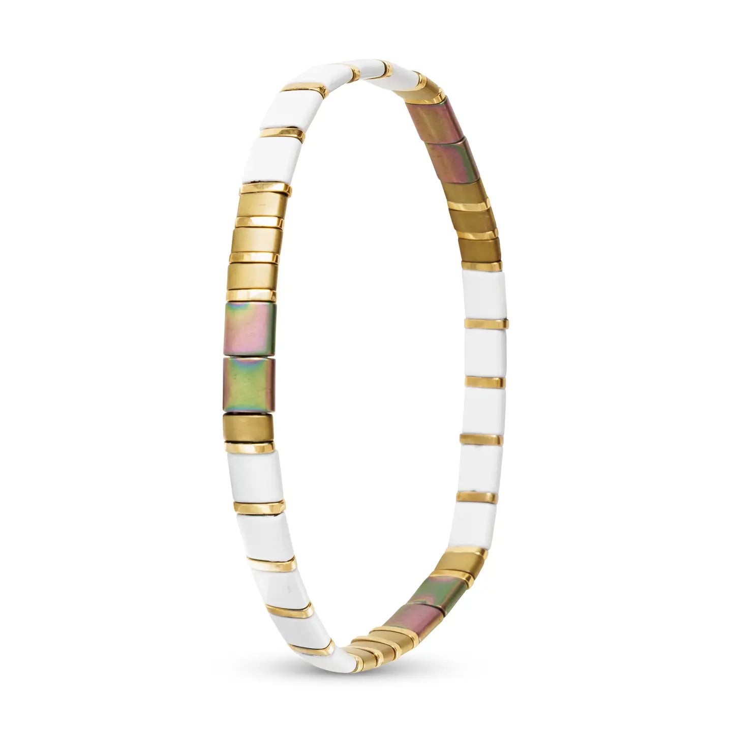 Gold White & Metallic Flat Bead Stretch Bracelet