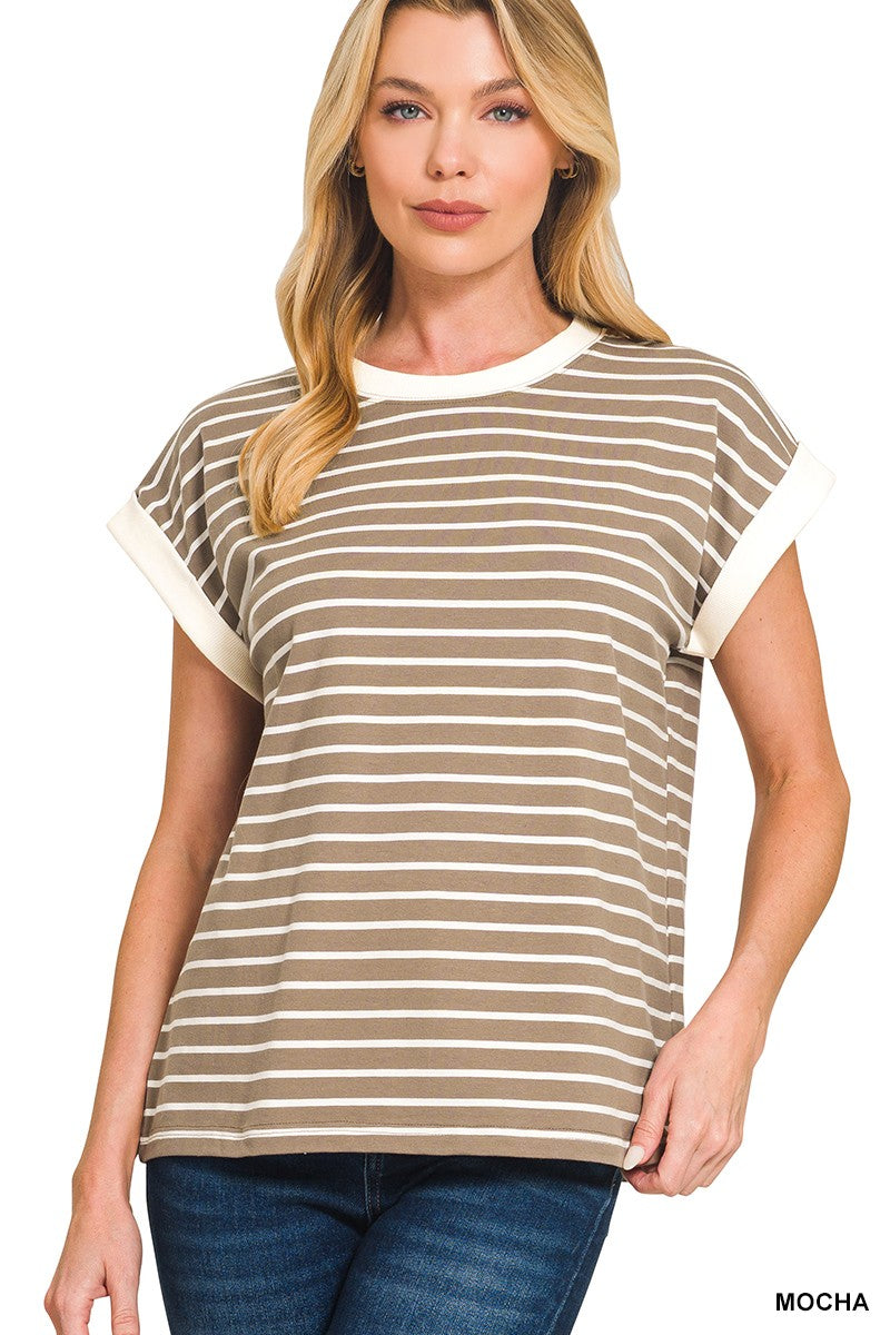 Mocha Cap Sleeve Stripe Top
