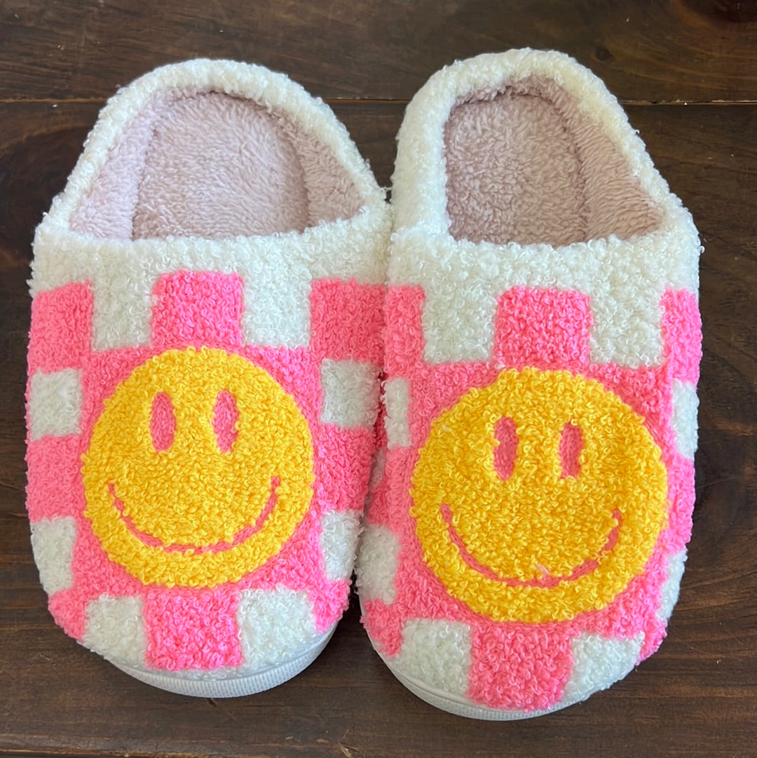 Pink Checkered Smiley Slippers