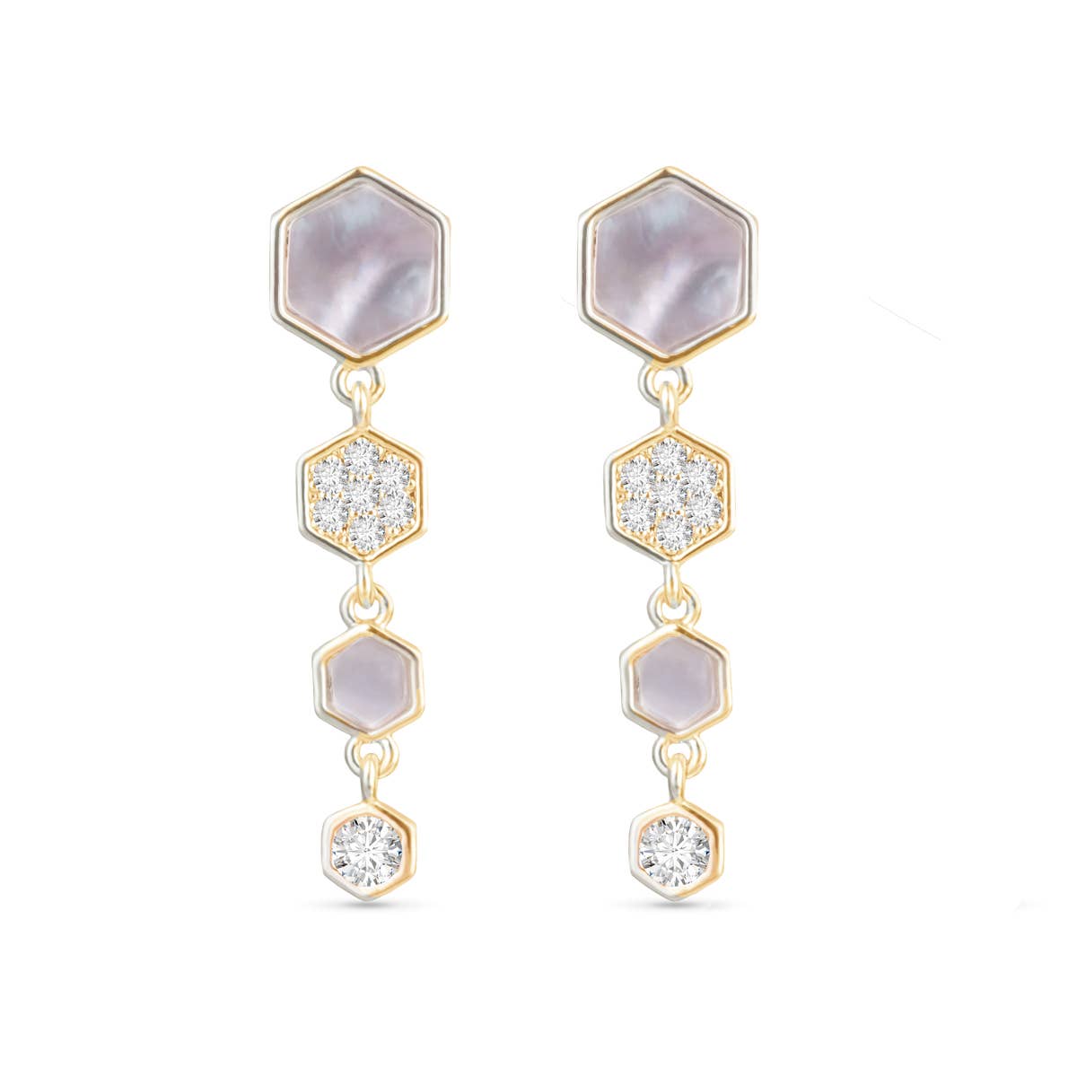 Mother of Pearl and CZ Hexagon Drop Earrings - Gold